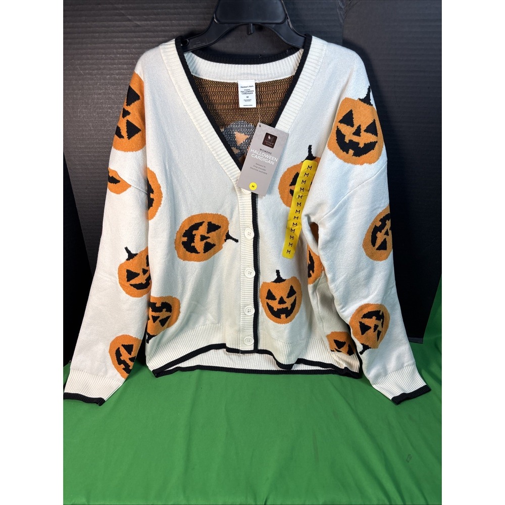 Member's Mark Women's Halloween Pumpkin Cardigan Sweater White Orange Medium